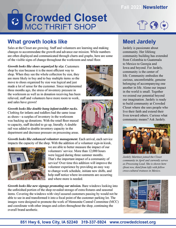 Crowded Closet fall 2023 newsletter. What growth looks like. Meet Jardely. Director search updated. Volunteer spotlight on Roger Schrock.